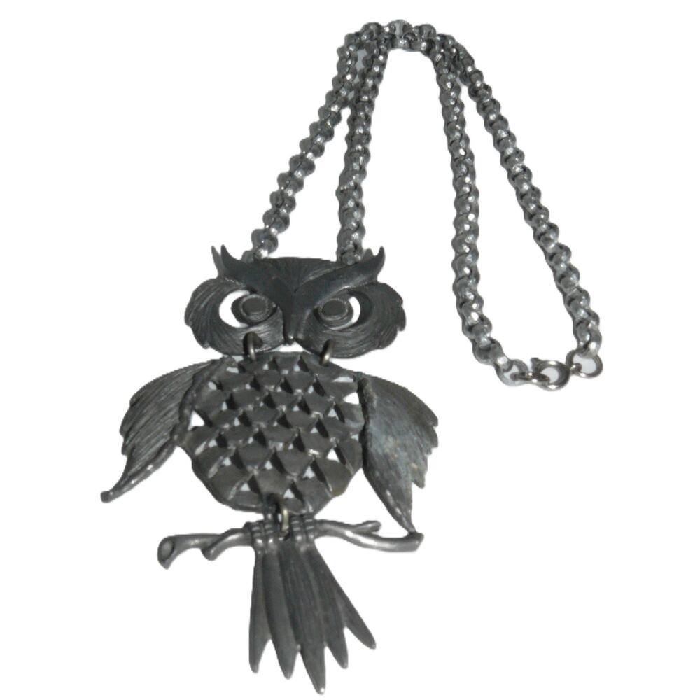 Vintage Pewter-Tone Owl Pendant Necklace Articulated Retro Statement Jewelry